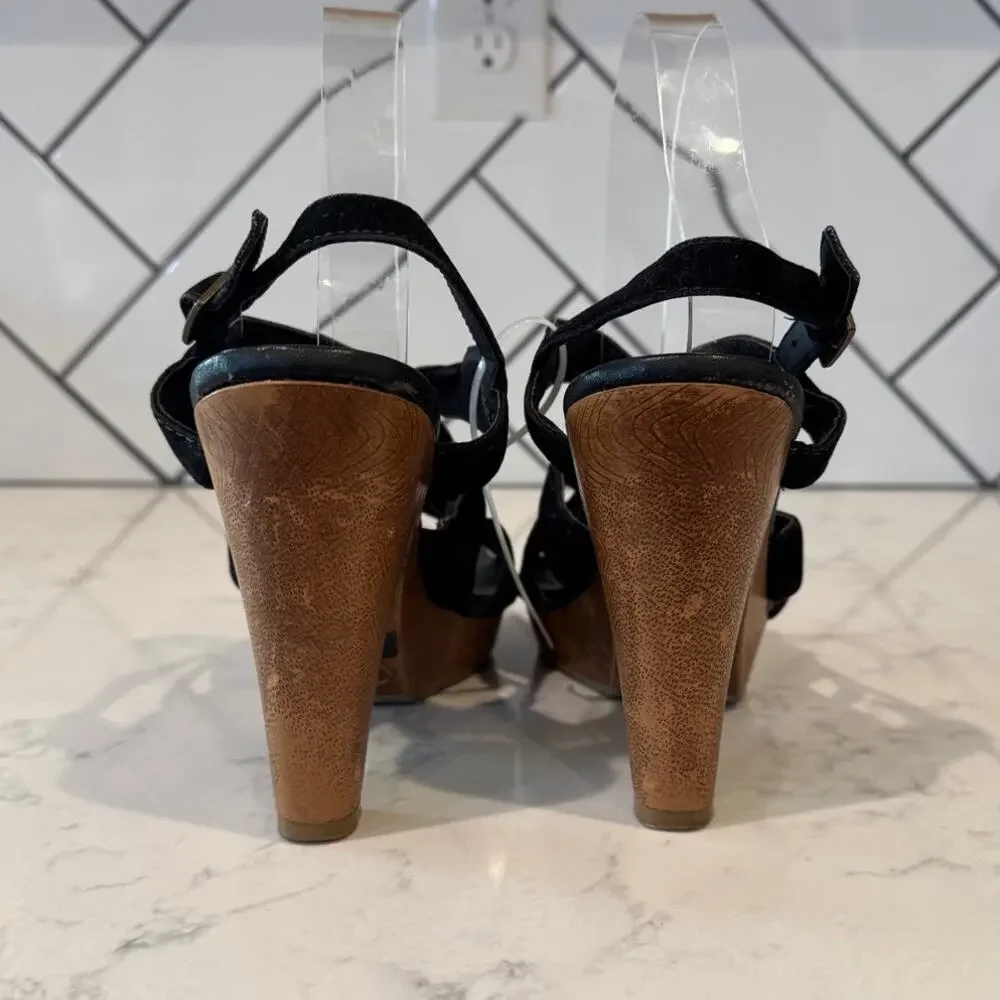 l.e.i. Black Faux suede sandals heels 90s Y2K size 9 it girl bohemian neutral